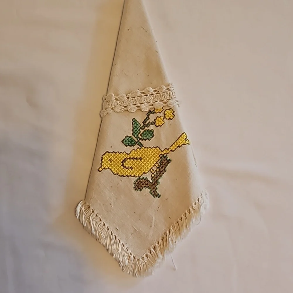 Hand Crafted placemats cross stitch yellow bird matching napkins retro 12pc set